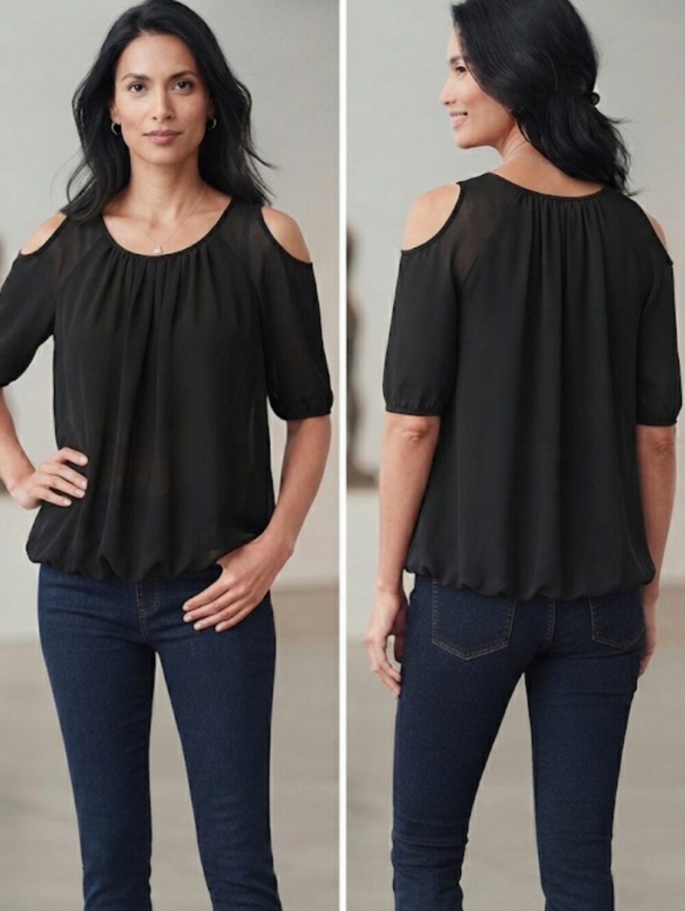 BCBGeneration Navy Blue Sheer Chiffon Cold Shoulder Blouse Top Medium